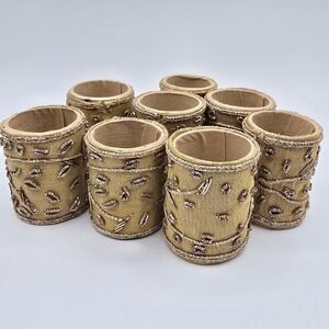 Set (8) Vtg Round Napkin Rings Holders Gold-Tone Cloth Wrapped Bead Jewels